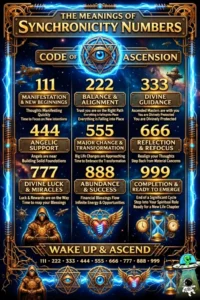 Synchronicity numbers meaning infographic showing 111, 222, 333, 444, 555, 666, 777, 888, and 999 spiritual meanings