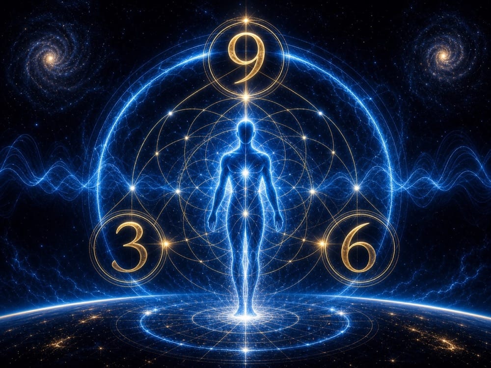 Nikola Tesla 369 closing image showing organized consciousness, identity, and manifestation as electric geometry
