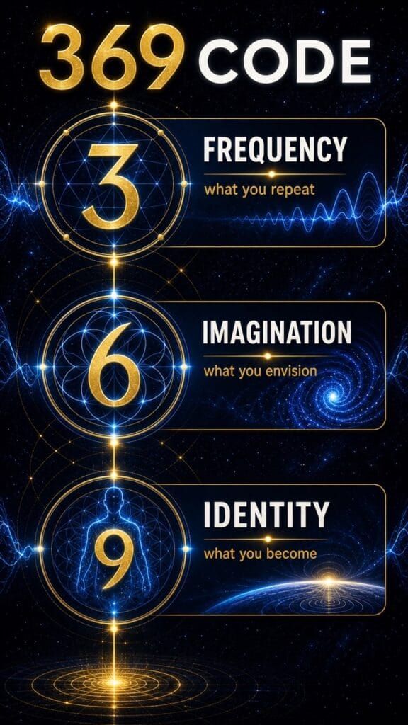 Nikola Tesla 369 core concept infographic showing frequency imagination and identity