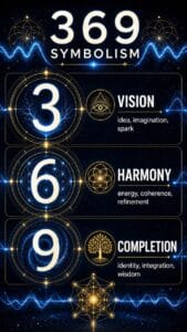 Nikola Tesla 369 infographic explaining 3 as vision, 6 as harmony, and 9 as completion