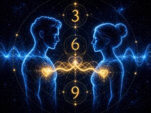 Nikola Tesla 369 love and relationships image with two luminous figures connected by electric heart energy