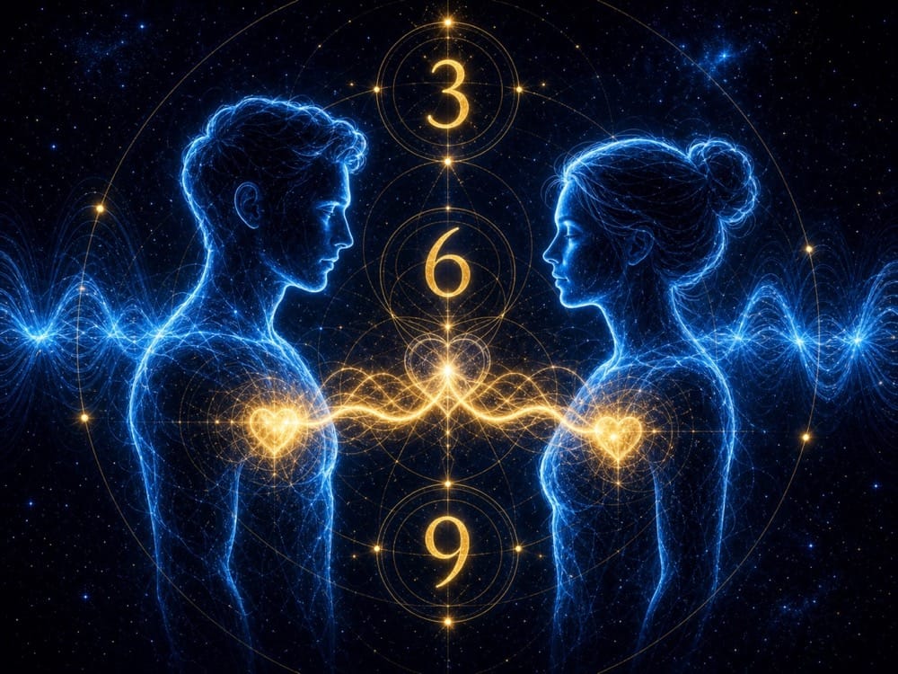 Nikola Tesla 369 love and relationships image with two luminous figures connected by electric heart energy