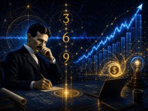 Businessman at a dark desk studies financial data with glowing holographic graphs and an upward-trending chart.