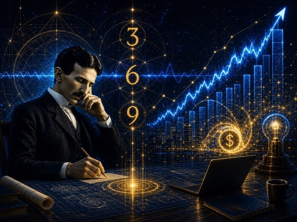 Businessman at a dark desk studies financial data with glowing holographic graphs and an upward-trending chart.