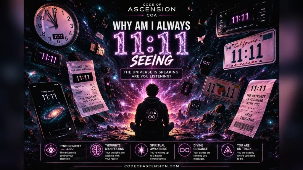 Code of Ascension visual guide to Why am I seeing 1111 signs on clocks phones receipts and license plates.