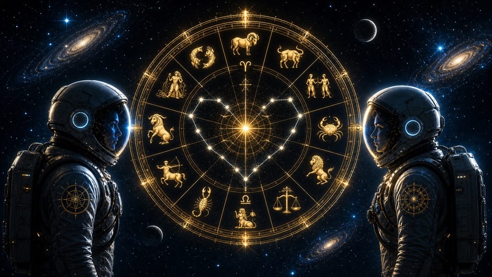 Zodiac compatibility chart hero image with two souls facing a golden zodiac wheel in space