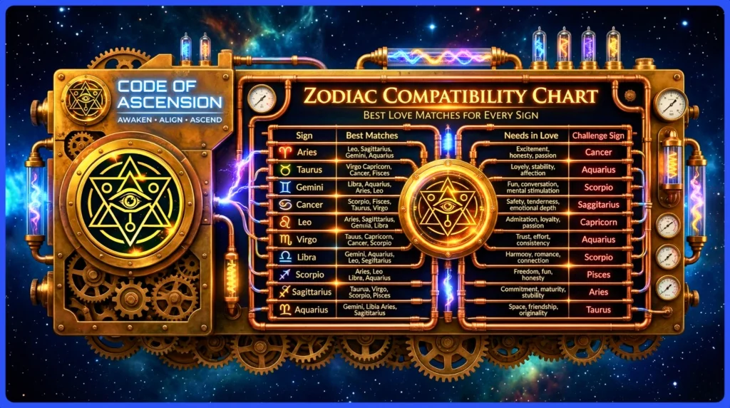 Zodiac compatibility chart infographic showing best love matches for every zodiac sign