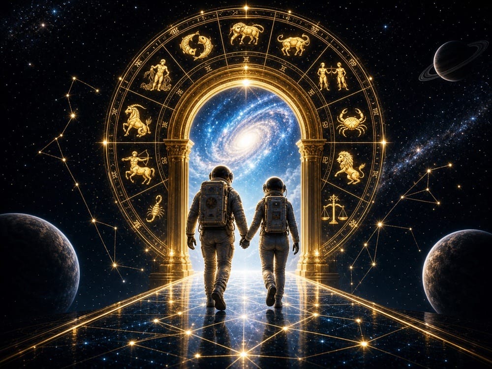 Zodiac compatibility closing image with two astronauts walking through golden zodiac portal together