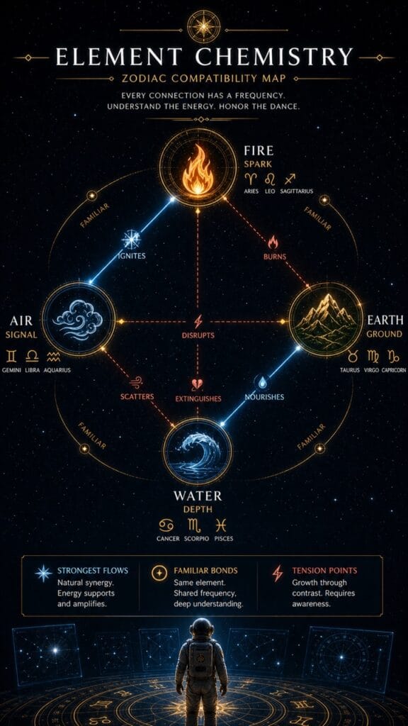Zodiac compatibility element chemistry infographic showing fire air earth water love matches