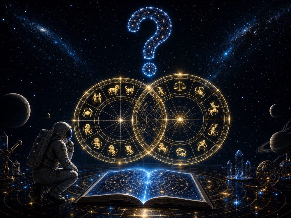 Zodiac compatibility FAQ image with question mark constellation and two interlocking zodiac wheels