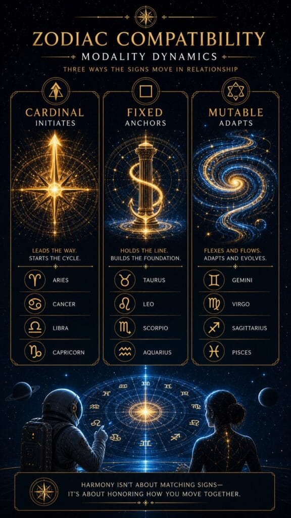 Zodiac compatibility modalities breakdown showing cardinal fixed and mutable relationship dynamics