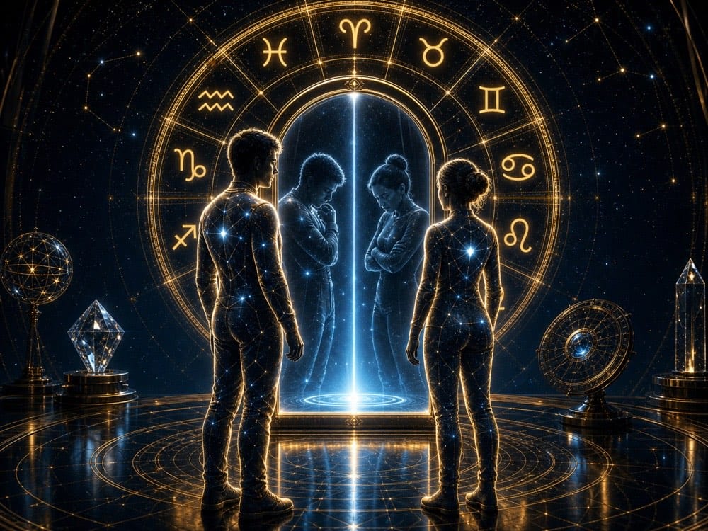 Zodiac compatibility shadow dynamics image with two figures facing relationship mirror and zodiac wheel