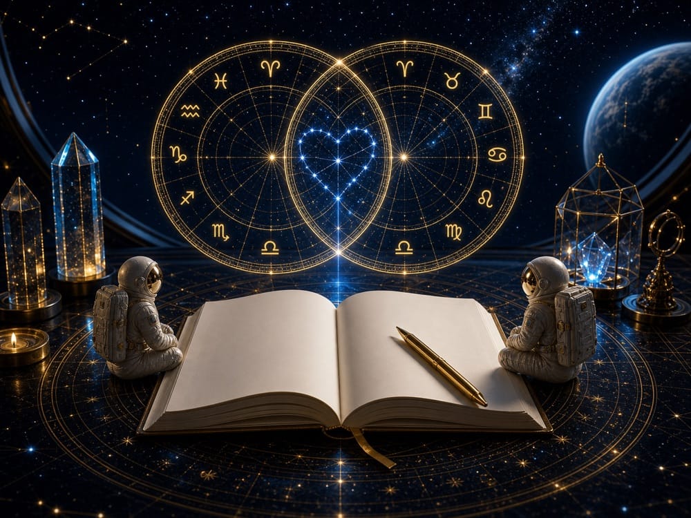 Zodiac compatibility shadow work CTA image with journal relationship chart and calm cosmic desk