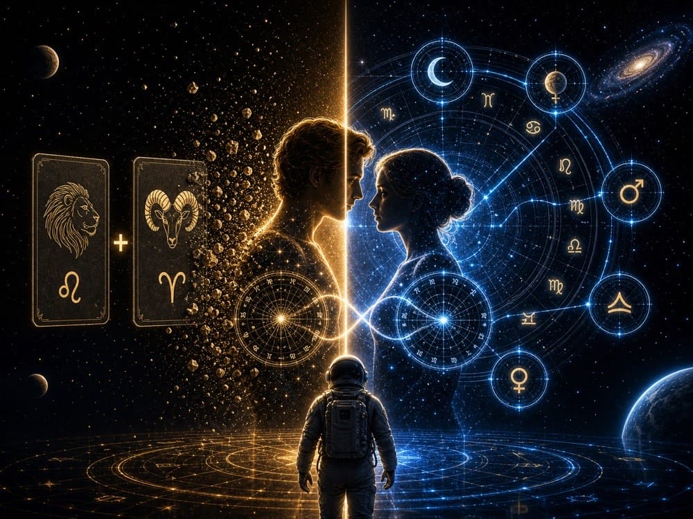 Zodiac compatibility comparison showing surface sun sign matching versus whole chart relationship astrology