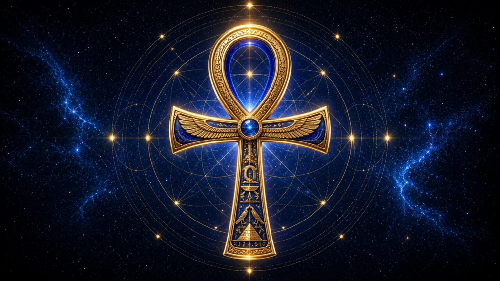 Ankh Meaning | Ornate gold-and-blue Ankh cross with wings, set against a starry宇 space background and geometric rings.