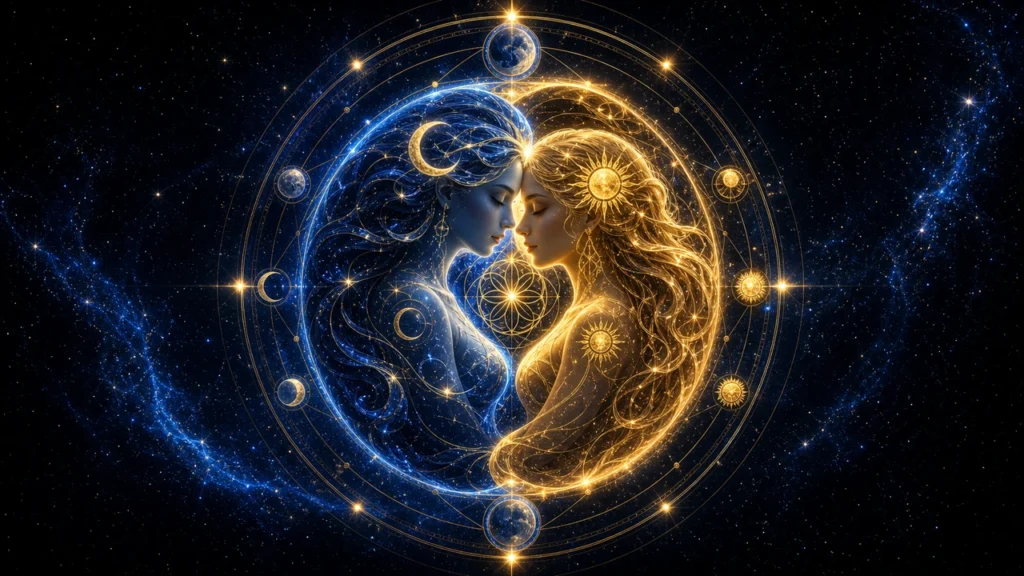 Divine Masculine vs Divine Feminine: Two luminous figures, blue and gold, touch foreheads inside a circular ring of planets and suns against a starry cosmos.
