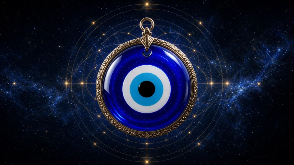Blue glass evil eye pendant with gold frame floating in space among glowing orbital rings.