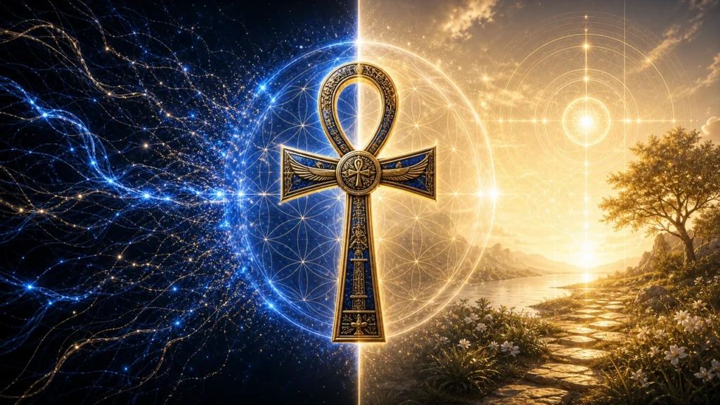 ornate gold and blue cross centered over a glowing geometric circle, with cosmic blue energy on the left and a sunlit nature scene on the right, symbolizing spiritual harmony