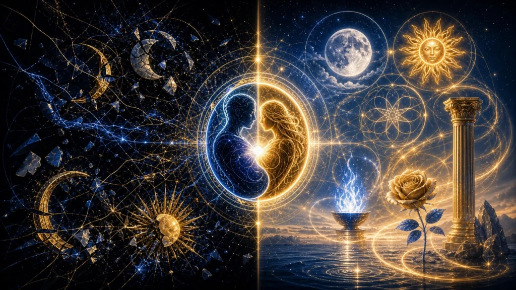 Central blue and gold yin-yang figures facing each other, glowing at the center amid celestial symbols and rings.