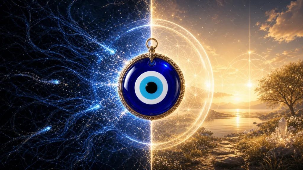 Blue evil-eye pendant suspended over a glowing geometric circle, splitting a dark cosmic network on the left from a sunlit landscape on the right, symbolizing protection and balance.