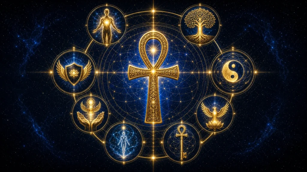 Gold Ornate Ankh centerpiece surrounded by sacred symbols (tree of life, yin-yang, wings, hands, key, shield) in a starry blue cosmos.