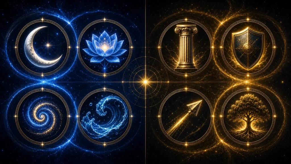 Eight circular emblems in blue and gold arranged in a grid: moon, lotus, column, shield, spiral, wave, paper plane, and tree.