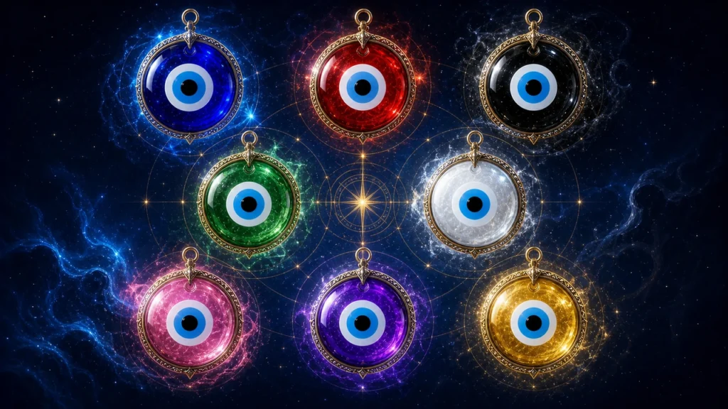 Nine colorful evil eye pendants arranged in a 3x3 grid against a starry space backdrop, each with blue-white eye centerpiece and ornate rims.