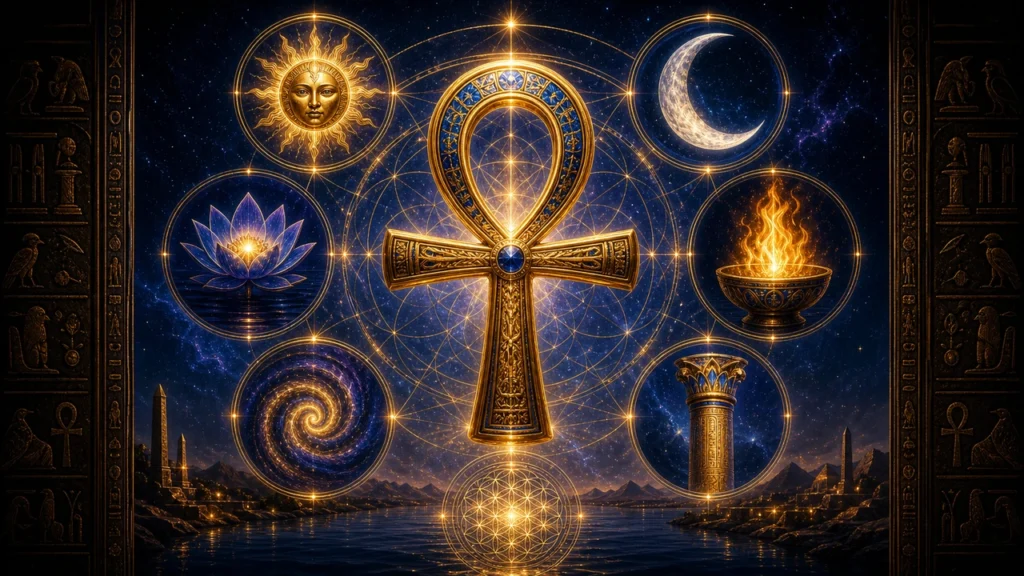Ornate gold ankh at center surrounded by circles showing sun, moon, lotus, fire, spiral, and pillars against a starry backdrop.