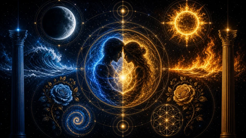 Divine feminine symbolism breakdown image with receptive energy intuition and spiritual balance