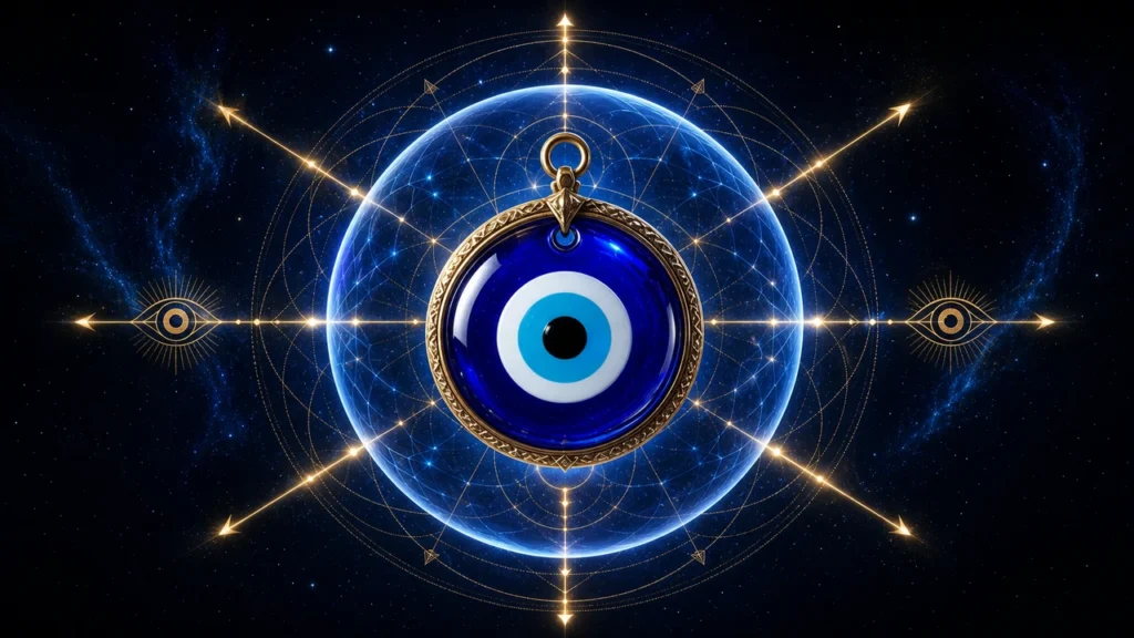 Blue evil-eye pendant with a gold ornate frame floats before a luminous blue celestial orb and intricate golden geometric rings in space.