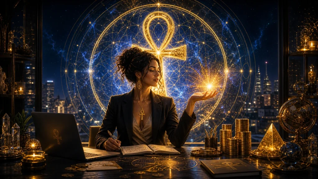Woman in a blazer at a desk, cupping a spark of light as a glowing golden occult circle and ankh hover behind her.