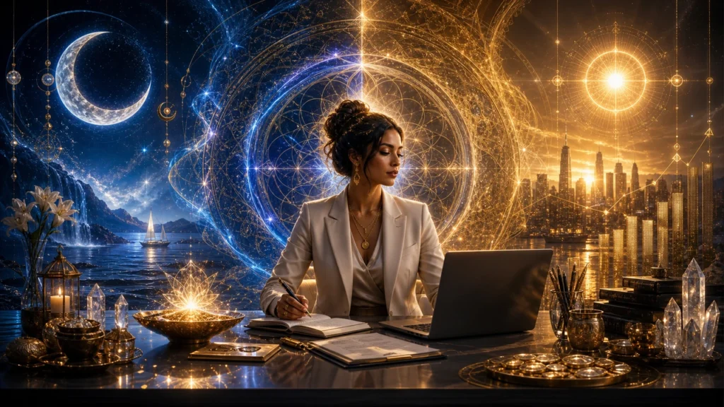 Woman in a blazer writes at a desk with a laptop, as glowing gold-blue magical circles loom behind her.