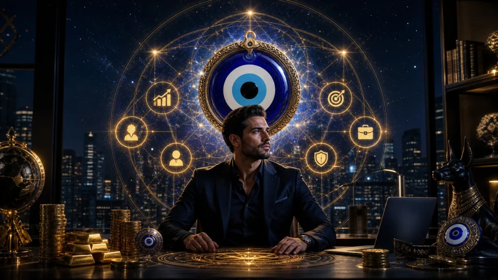 Man in a dark suit sitting at a glowing, circular tech-mystic diagram with gold coins and assets around him, city skyline in the background.