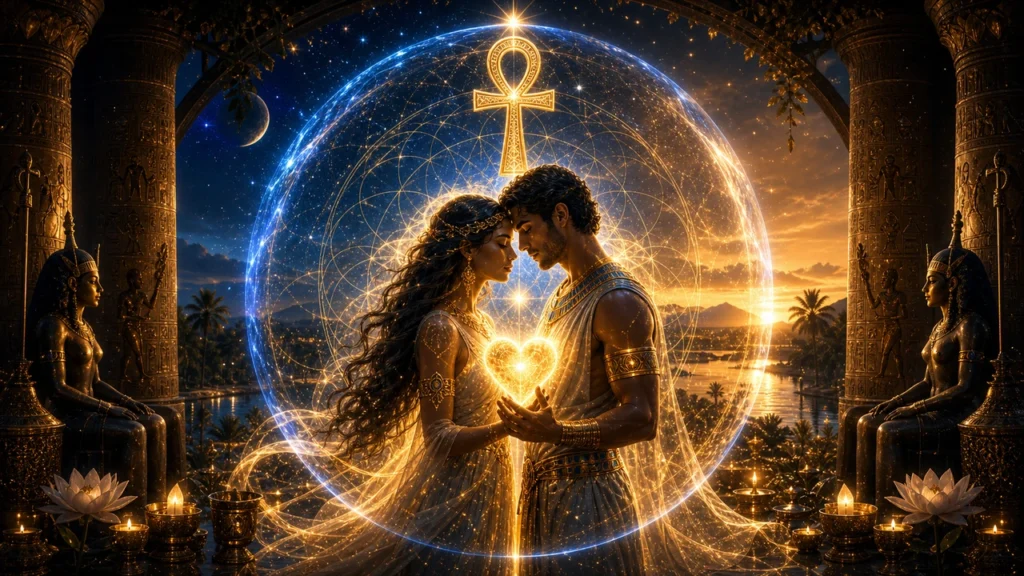 Romantic couple in ancient-inspired attire cradle a glowing heart inside a magical circular aura beneath a glowing ankh symbol.