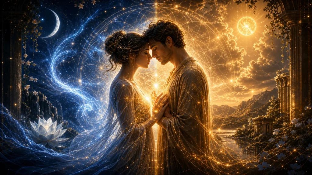 Couple facing and holding hands, embraced by blue night and golden day energy with celestial rings around them.