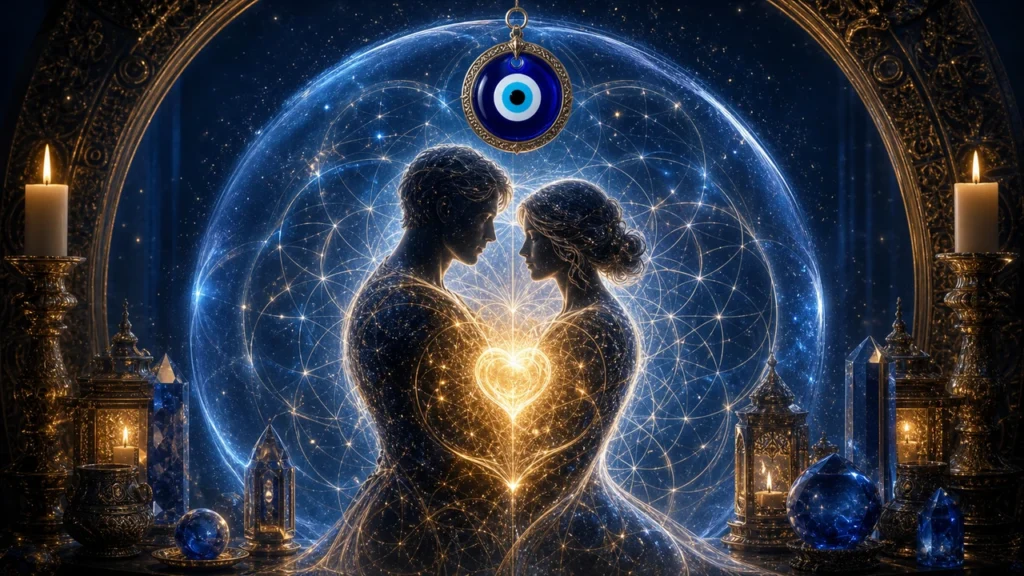 Silhouetted couple facing each other with a glowing heart between them, surrounded by a geometric cosmic circle and ornate candles.