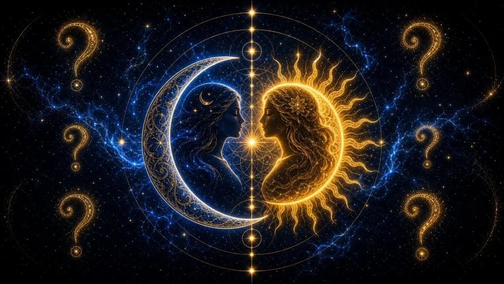 Celestial yin-yang style: blue moon and gold sun with intricate filigree, facing each other in a starry space.