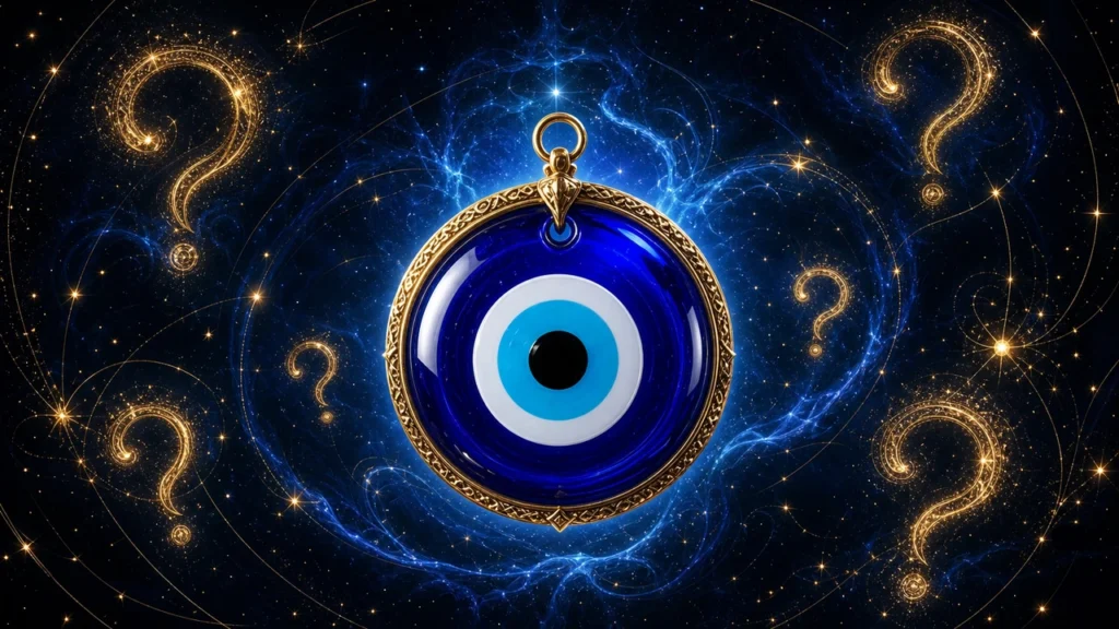 Blue evil eye pendant in a gold ornate frame floats against a starry, cosmic backdrop with glowing question marks.