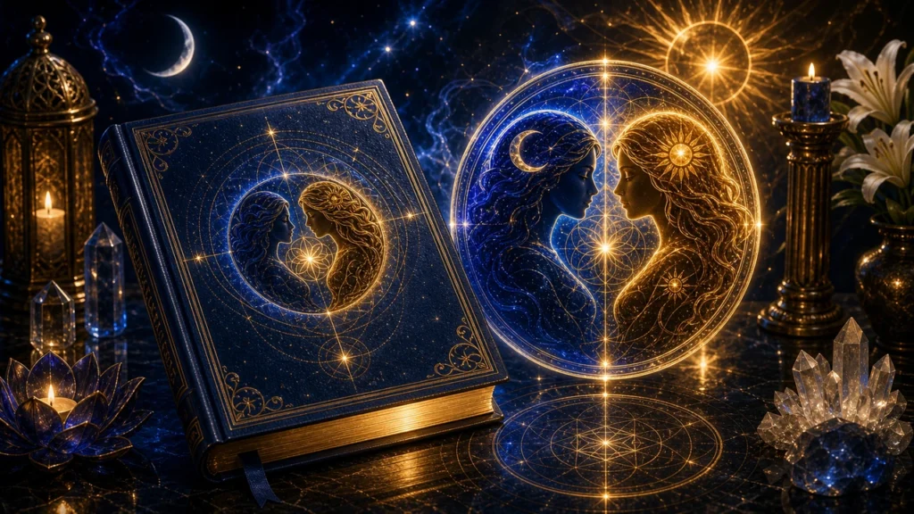 Open ornate book with gold celestial designs; a glowing circle shows two faces facing each other, starry backdrop behind them.