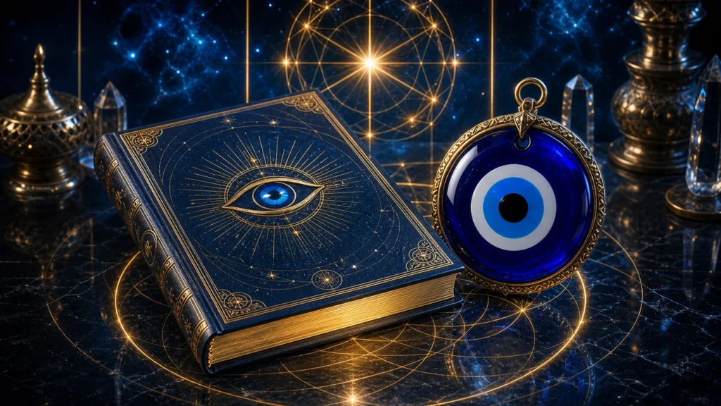 Blue ornate book with an illuminated eye symbol and a blue circular amulet on a gold-trimmed surface, mystical backdrop.