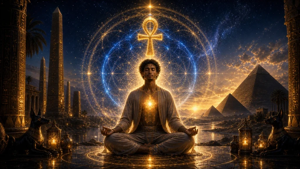 Man sits in a meditative lotus pose, surrounded by glowing gold rings and an ankh symbol overhead, with pyramids and obelisks in a desert sunset.