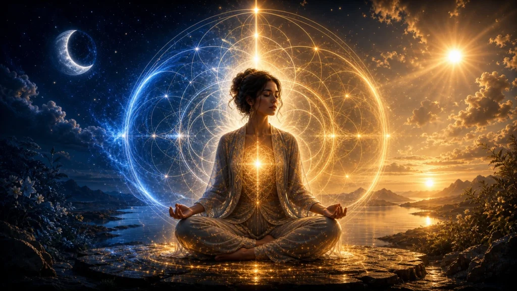 Person meditating in lotus pose on a rock, surrounded by a glowing geometric mandala of light.
