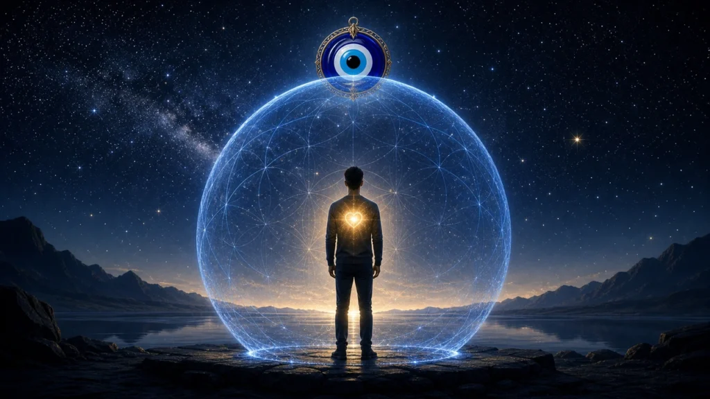 Person standing inside a glowing blue sphere with intricate geometric patterns, a bright heart glow at the chest, by a nighttime lake.