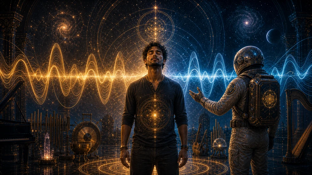 Listener and astronaut host stand between golden and blue sound waves inside a cosmic sound chamber.
