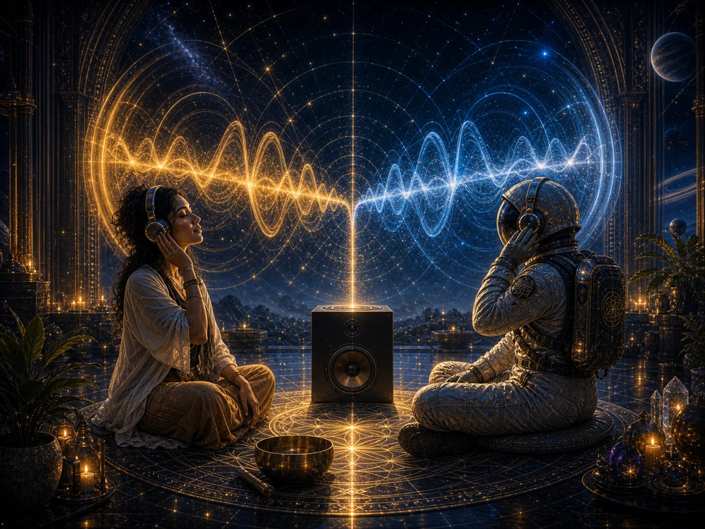 Sound practitioner and astronaut host sit between warm golden waves and clear blue waves in a cosmic listening room.