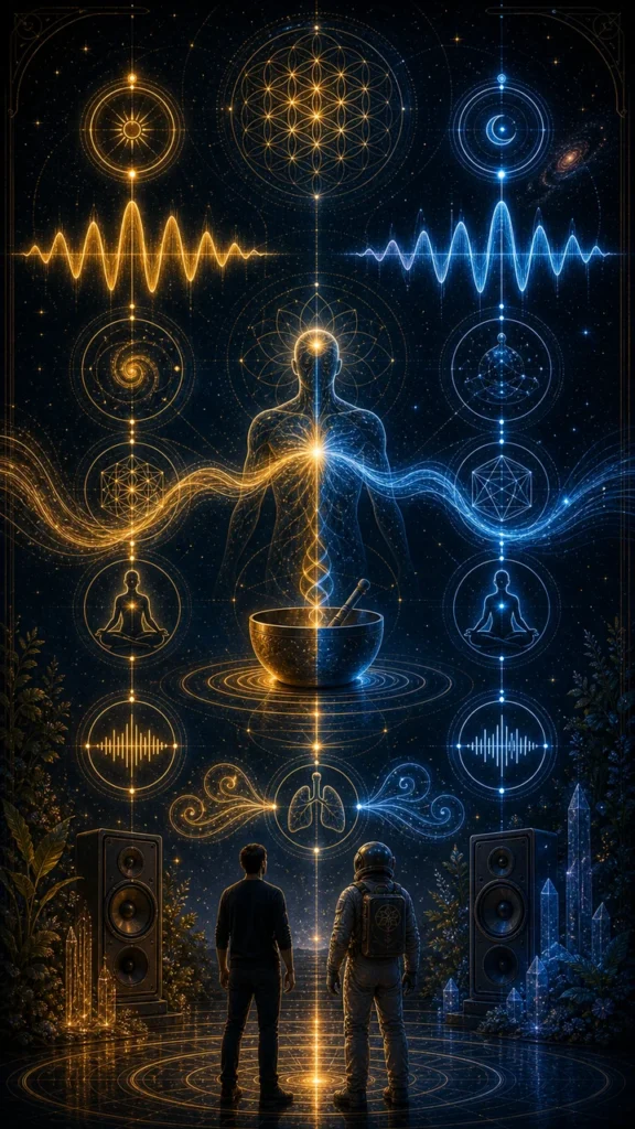 Vertical sound infographic with gold and blue waveform columns merging through a calm body silhouette and astronaut host.