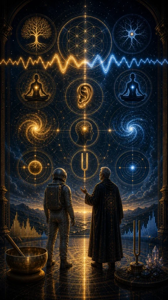 Golden and blue sound waves pass through sacred geometry, a tuning fork, and a singing bowl in a tall cosmic temple.
