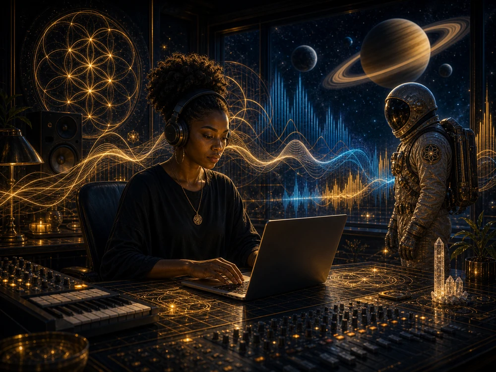 Music producer works in a cosmic studio as blue and gold waveforms flow around a blank laptop and mixing board.