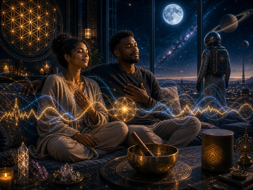 Two partners sit calmly as blue and gold sound waves weave between them in a moonlit cosmic room.