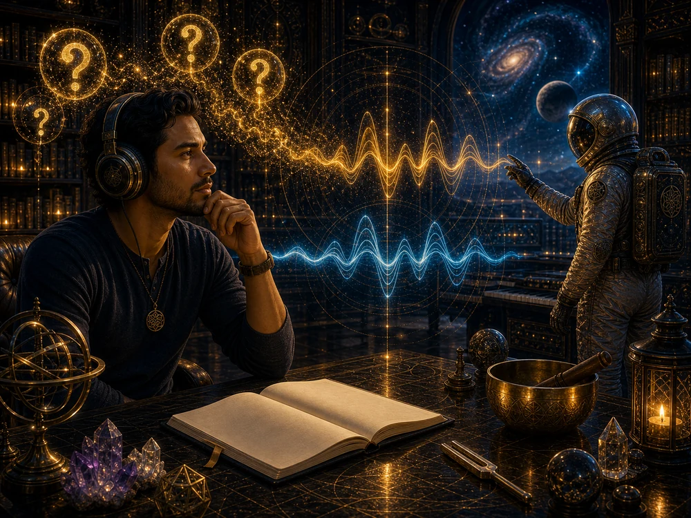 Seeker listens with headphones as golden question lights dissolve into blue and gold waveforms beside the astronaut host.